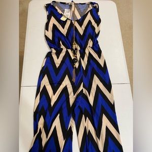 Royal Blue, Tan, Black Chevron Jumpsuit with Removable Necklace